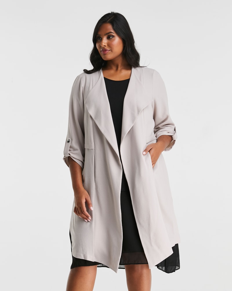 Front of a model wearing a size 1X Montmartre Jacket in Stone by Estelle. | dia_product_style_image_id:264244